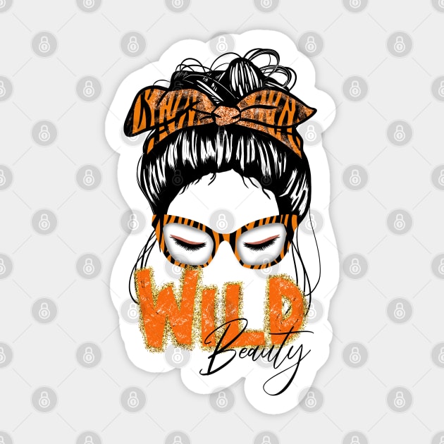 Wild beauty messy bun with tiger print Sticker by CharlieCreates